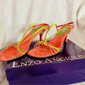 Enzo Angiolini Coral, Yellow, and Green strapped heels
